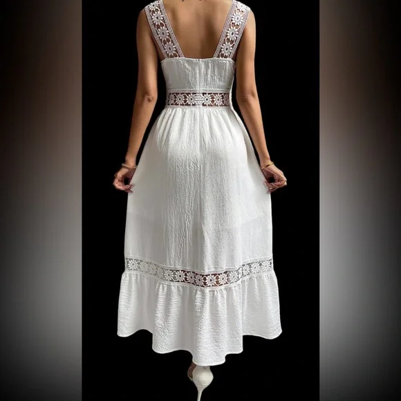 Women’s Guipures Lace Sleeve Insert Ruffle Hem Cami Long Summer/Spring Dress. - Picture 4 of 7